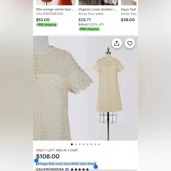 Vintage 60s Ivory Lace MOD Short Sleeve Dress Sz Small Summer Knee Length - Picture 11 of 12